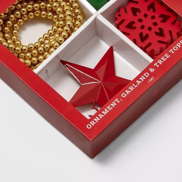 Wondershop 10ct Christmas Tree Ornament Set Red Star Green Bells Gold Garland - Picture 3 of 3